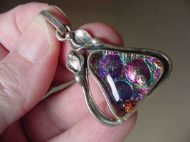 (#D-128) DICHROIC Fused GLASS Pendant SILVER PINK GREEN DOT DOTS - £52.19 GBP