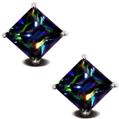 Rainbow Peacock Multicolor Topaz CZ Square Basket Sterling Silver Stud E... - $12.34+