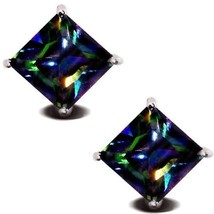 Rainbow Peacock Multicolor Topaz CZ Square Basket Sterling Silver Stud Earrings - £9.86 GBP+