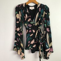 Stone Cold Fox Silk Shirt 0 Black Floral Long Bell Sleeve Wrap Belted V Neck Top - £72.53 GBP