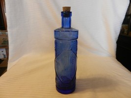 Blue Glass Bottle With Cork, Embossed Sunshines 9.25&quot; tall EMPTY - £17.94 GBP