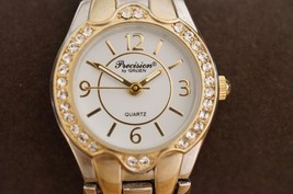 Estate Jewelry Ladies Quartz Watch Precision Gruen Two Tone Band Rhinest... - $21.03