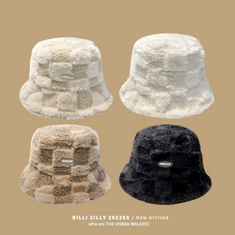 Warm Bucket Hat For Women JK Korean Plaid Plush Thicken Girl Wide Brim Faux Fur - £10.51 GBP