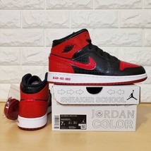 Air Jordan 1 Mid GS Size 7Y / Womens Size 8.5 Text Black Red Bred DM9650... - $149.98