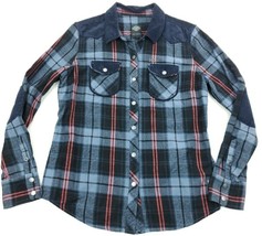 HARLEY DAVIDSON Women&#39;s Size M Corduroy Elbow Patch Plaid Button Snap Shirt - £31.56 GBP