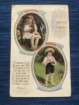 Antique Lithograph Postcard Happy Birthday Boy Girl Cat Apples Germany 688A - £4.72 GBP