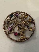 Vintage Colorful Rhinestones Gold Tone Marked Sterling Loving Birds Pin ... - £16.00 GBP
