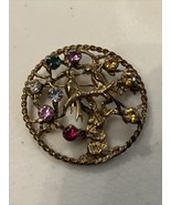 Vintage Colorful Rhinestones Gold Tone Marked Sterling Loving Birds Pin ... - £15.71 GBP