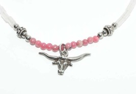 Sterling Silver Long Horn Pink &amp; White Beaded Necklace - £14.84 GBP