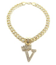 Crowned Initial Letter V Crystals Pendant Gold-Tone Cuban Linked Chain Necklace - £35.23 GBP