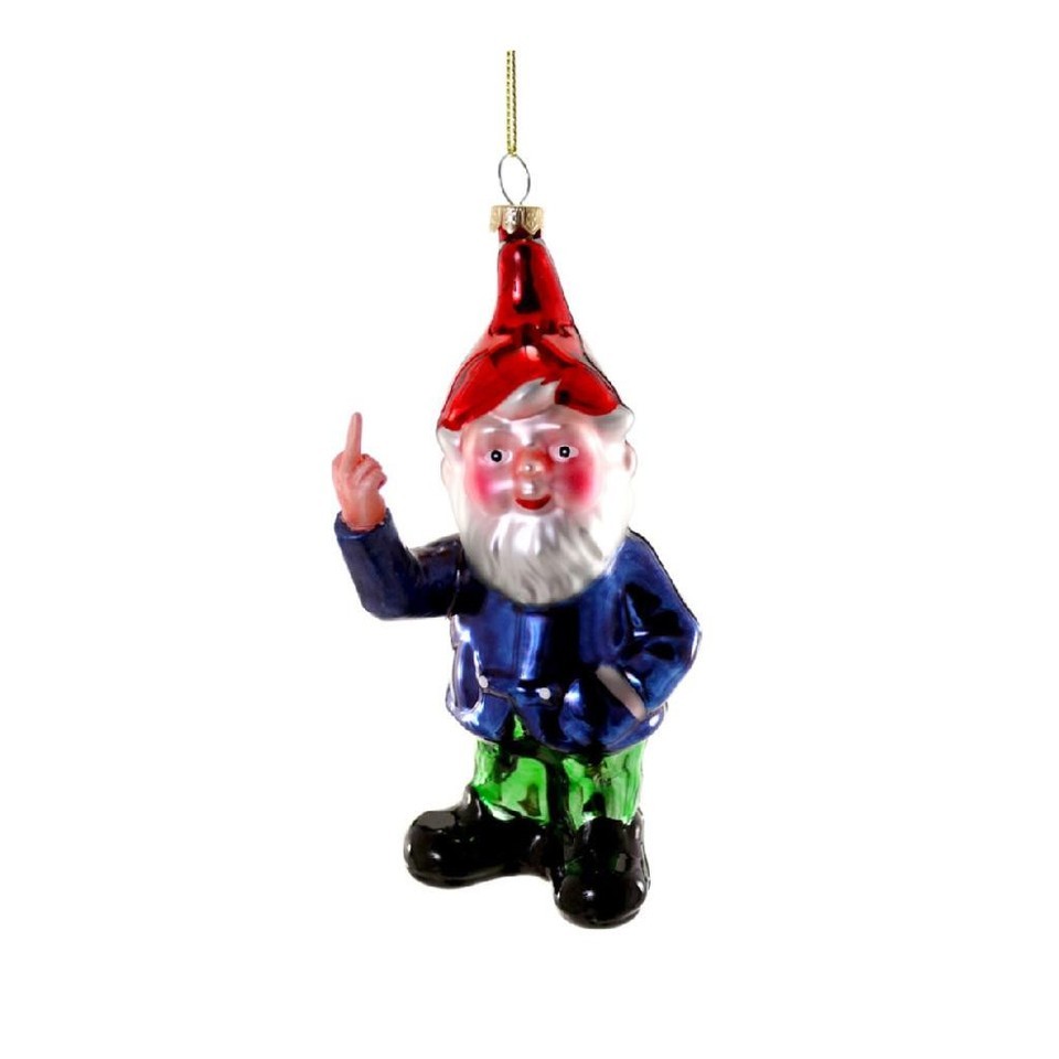 NAUGHTY GNOME CHRISTMAS TREE ORNAMENT 6&quot; Glass Colorful Funny Rude Middl... - $16.95