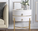 White Round Side Table For Living Room, Marble End Table With 2 Drawers,... - $222.99