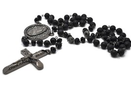 Black Crystal Pave Cross Rosary Beads Hip Hop Chain Men Necklace 37&quot; - £37.34 GBP+