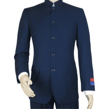 Men Apollo King Banded Collarless suit Mandarin 5 Buttons Wide leg M5-2 Navy image 2