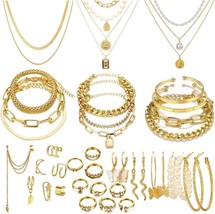 46 Pcs Gold Jewelry Set with 11Pcs Necklace 11 Pcs anklet and 18 Pcs Earring Ear - $39.02