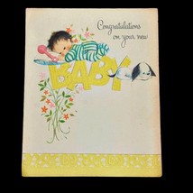Congratulations on New Baby Card 1950s Yellow Letters Forget Me Not Vintage Used - £4.61 GBP