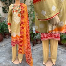 Pakistani Dark Beige Printed Straight Shirt 3-PCS Lawn Suit w/ Threadwork ,L - £50.26 GBP