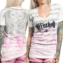 Affliction Sacred Cross AW7597 Angel Wings Stripes Womens T-Shirt White ... - £34.60 GBP