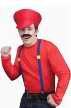 Mario Video Game Guy Red 3 Pc Hat, Suspenders &amp; Mustache Halloween Acces... - $9.90