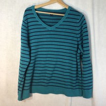 Land&#39;s End Size 2x Teal w Navy Stripes V-Neck Pullover Sweater Cotton Blend - £23.35 GBP