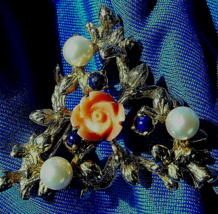 Coral Pearls Lapis Brooch Floral Design Deco Solid 14k Gold Pin 11.4 grams - $1,583.01