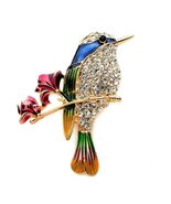 CUTE HUMMINGBIRD PIN 1.75" Gold Blue Green Enamel Brooch Rhinestone Song... - $8.95