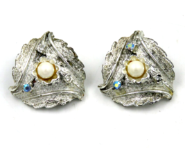 Vintage Judy Lee Clip On Earrings Silver Tone Faux Pearl Rhinestone 1950s - £22.17 GBP