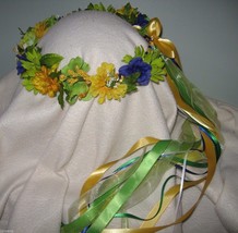 Tara- Head Wreath Green Golden Yellow Blue silk Flowers / Renaissance/ Wedding - £41.82 GBP
