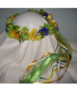 Tara- Head Wreath Green Golden Yellow Blue silk Flowers / Renaissance/ W... - £41.08 GBP