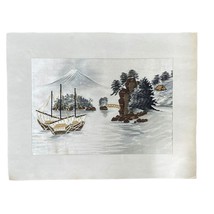 Japanese Silk Embroidery Boat on Lake Mt. Fuji - $123.74