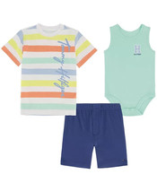 TOMMY HILFIGER Baby Boys Stripe Shirt, Bodysuit and Short, 3 Piece Set 0-3M - £20.18 GBP
