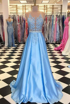 Elegant Blue Prom Dresses Long with Appliques - £144.32 GBP