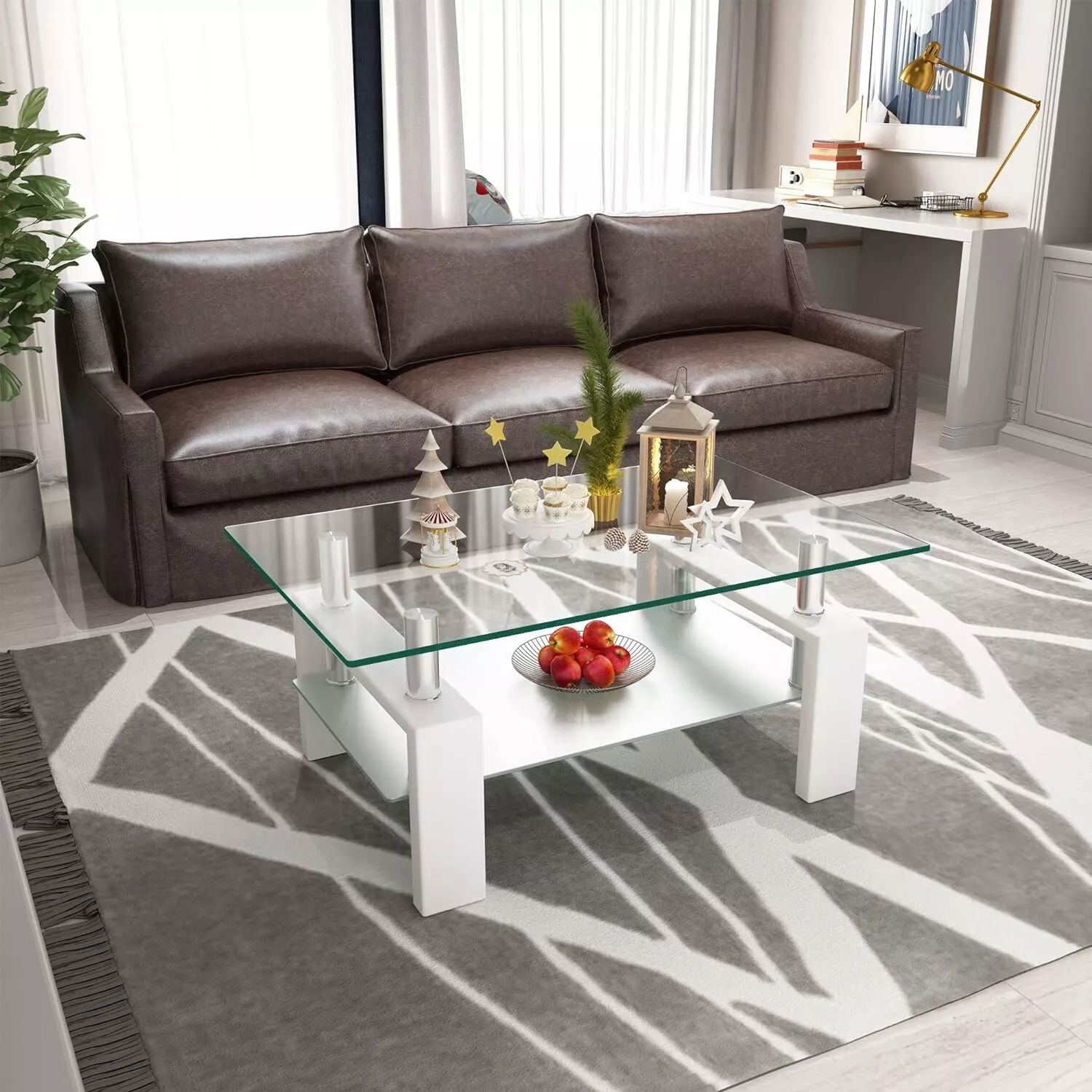 White Polished Glass Cocktail Coffee Table Center for Living Room With S... - $161.75 CAD