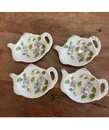 Set of 4 Andrea By Sadek Porcelain Bunny &amp; Floral Teapot Tea Bag Trinket... - $18.50