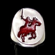 Oval Sterling silver men&#39;s ring Medieval Knight on Horse in Red enamel high poli - £95.92 GBP