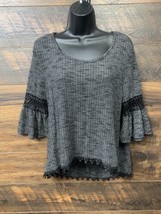 Wallflower Bell Sleeve Sweater Large Gray Scoop Neck Crochet Eyelet Black Trim - £9.42 GBP