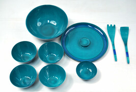 9 Piece Lacquer Ware Japan Label ss Salad Bowl Tray Set Green Plastic - £54.28 GBP