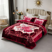 Burgundy - Sherpa Comforter Set Blanket 2 Shams Korean Style Printed 80&quot;... - £96.38 GBP