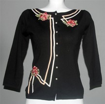 Nicole Miller NicKnits Embellished Appliqued Roses Silk Blend Blk Cardig... - $27.99