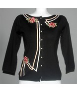 Nicole Miller NicKnits Embellished Appliqued Roses Silk Blend Blk Cardig... - $38.28 CAD