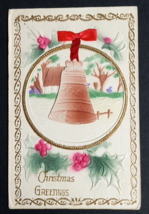 Christmas Greetings Mechanical Bell Postcard c1910s Airbrushed Embossed Holly - £12.06 GBP