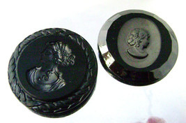 2 Vintage French Jet Black Glass Big Round Intaglio Cameo Cabochons Germ... - $7.50