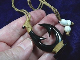 #MA-06B Maori Style Black Aceh Bovine Horn Fish Hook Pendant Jewelry Necklace - £31.60 GBP