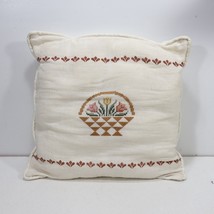 Cross Stitch Throw Pillow Embroidered Basket of Flowers 12x12 Beige Cottagecore - £10.87 GBP