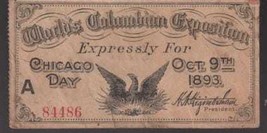1893 World&#39;s Colombian Exposition &quot;Chicago Day&quot; Entrance Pass! Very Nice... - $38.40 CAD