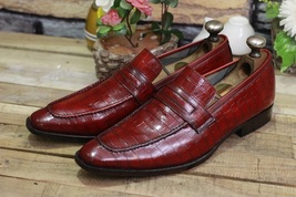 New Men&#39;s Handmade Shoes Burgundy Crocodile Textured Leather Slip On Loafer  - £121.93 GBP