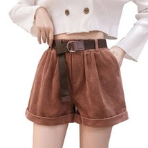 Women Corduroy Shorts With Belt - High Waist Loose Casual Warm Ladies Plus Size  - £46.30 GBP+
