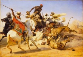 The Lion Hunt (1836) by Horace Vernet Oil Painting Giclee Print Canvas - $9.49+