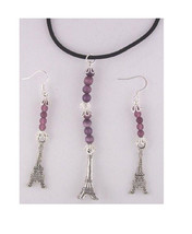 Necklace Earrings 3D Eiffel Tower Charms Brown Silver Beads Black Cord S... - $15.00