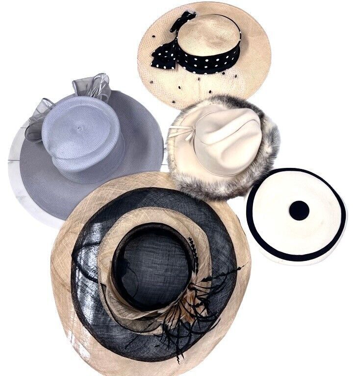 Lot of 5 Vintage Hats-Wide Brim Mr. John Mink Trimmed Photo Studio Props - $88.21
